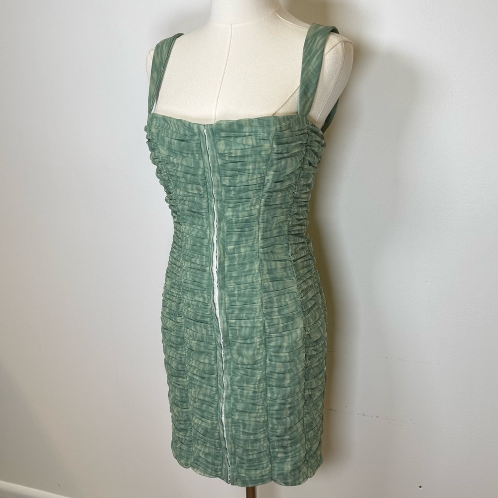 New! Fashion Nova ‘Marlie’ Mesh Green Ruched Mini Dress Women’s Size Medium - Picture 6 of 15